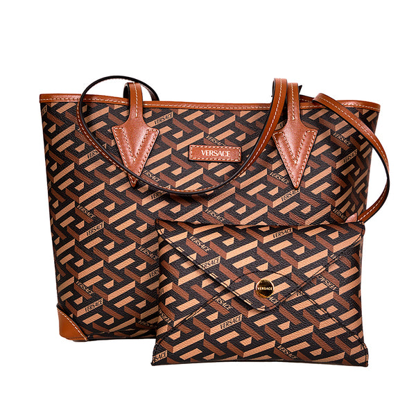 NEW $925 VERSACE Caramel LA GRECA Signature Small Open Top TOTE BAG w/ POUCH