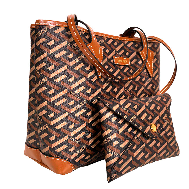 NEW $925 VERSACE Caramel LA GRECA Signature Small Open Top TOTE BAG w/ POUCH