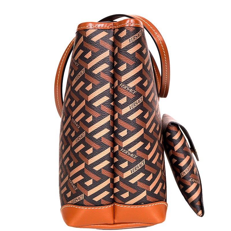 NEW $925 VERSACE Caramel LA GRECA Signature Small Open Top TOTE BAG w/ POUCH