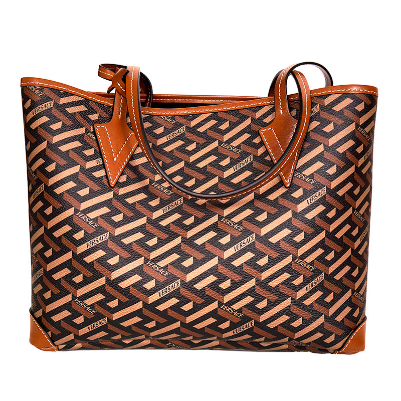NEW $925 VERSACE Caramel LA GRECA Signature Small Open Top TOTE BAG w/ POUCH