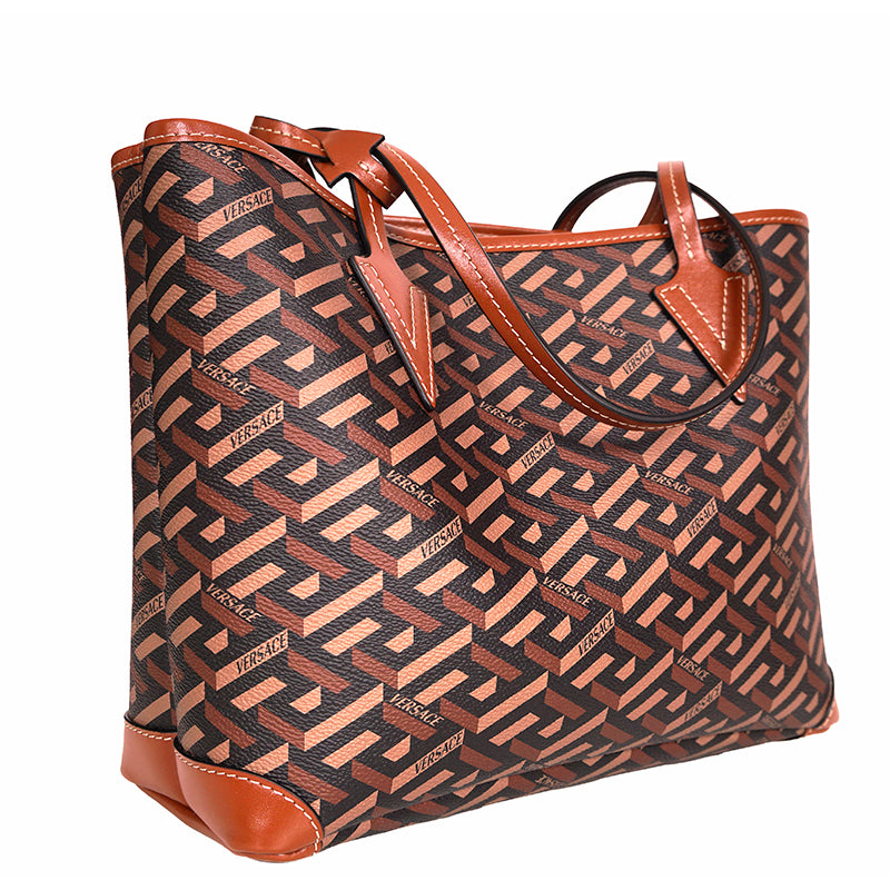 NEW $925 VERSACE Caramel LA GRECA Signature Small Open Top TOTE BAG w/ POUCH