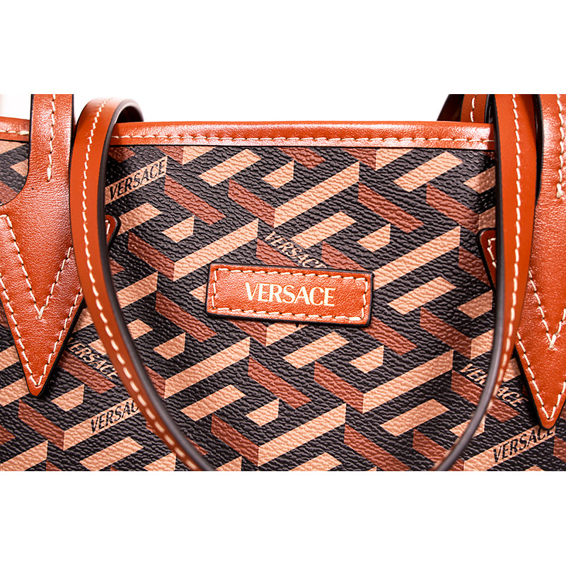 NEW $925 VERSACE Caramel LA GRECA Signature Small Open Top TOTE BAG w/ POUCH