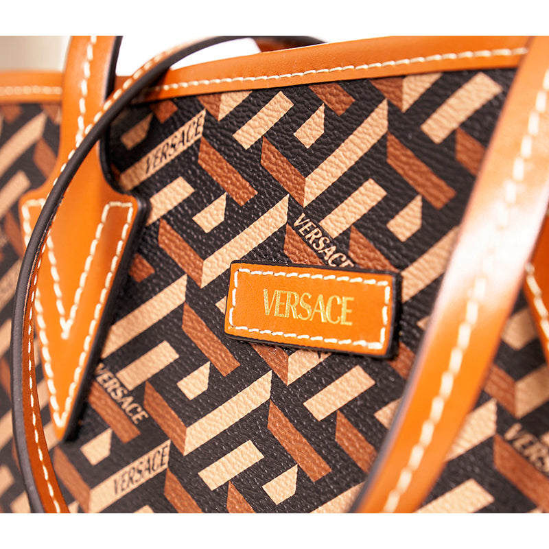 NEW $925 VERSACE Caramel LA GRECA Signature Small Open Top TOTE BAG w/ POUCH