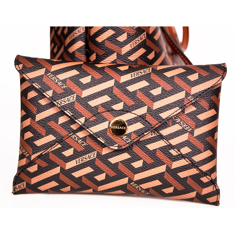 NEW $925 VERSACE Caramel LA GRECA Signature Small Open Top TOTE BAG w/ POUCH