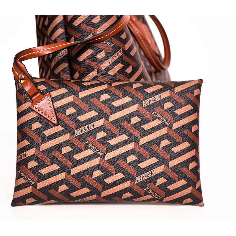 NEW $925 VERSACE Caramel LA GRECA Signature Small Open Top TOTE BAG w/ POUCH