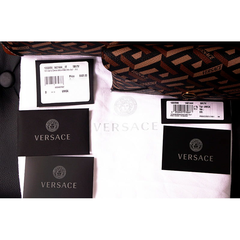 NEW $925 VERSACE Caramel LA GRECA Signature Small Open Top TOTE BAG w/ POUCH