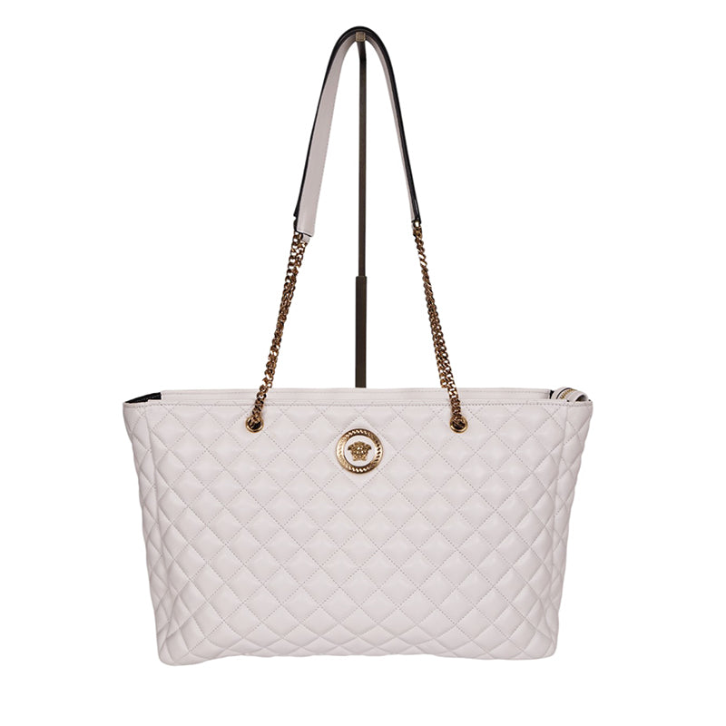 NEW $1800 VERSACE TRIBUTE White Quilted Lamb Leather GOLD MEDUSA HEAD Tote BAG