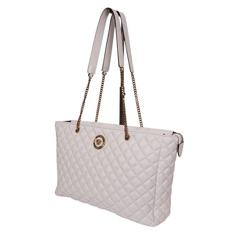 NEW $1800 VERSACE TRIBUTE White Quilted Lamb Leather GOLD MEDUSA HEAD Tote BAG