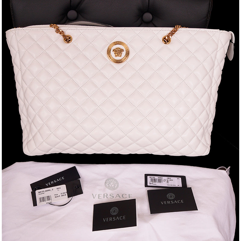 NEW $1800 VERSACE TRIBUTE White Quilted Lamb Leather GOLD MEDUSA HEAD Tote BAG