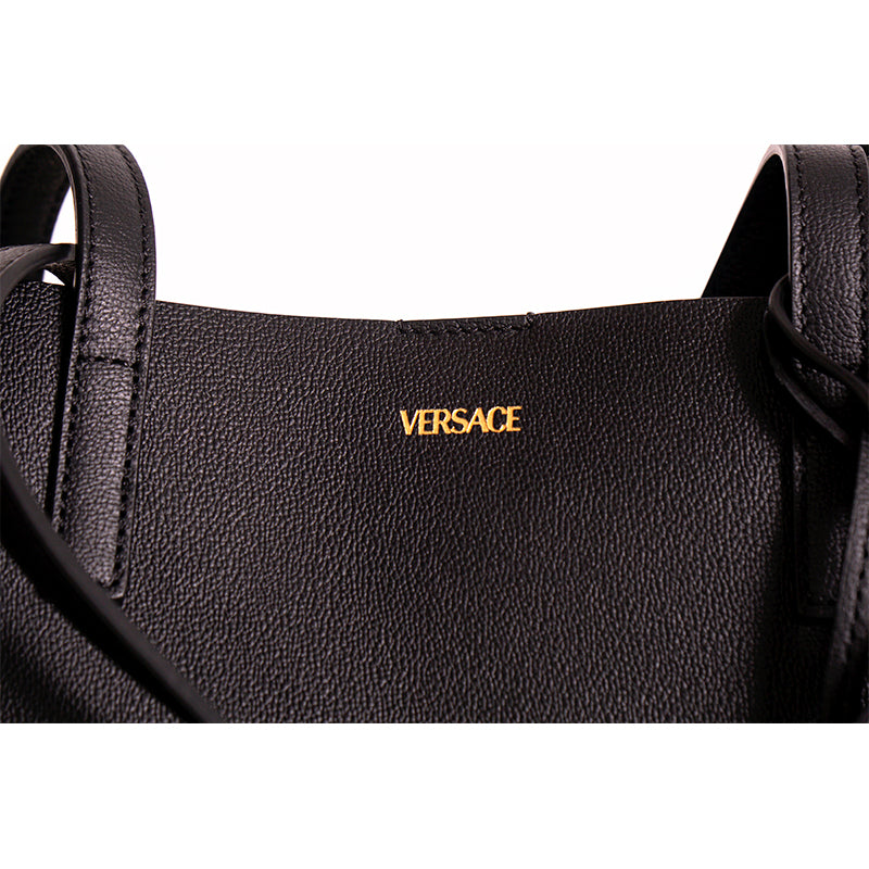 NEW $1,175 VERSACE Black Leather YELLOW BAROCCO FLORAL LINING Tote VIRTUS V BAG