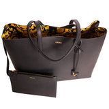 NEW $1,175 VERSACE Black Leather YELLOW BAROCCO FLORAL LINING Tote VIRTUS V BAG