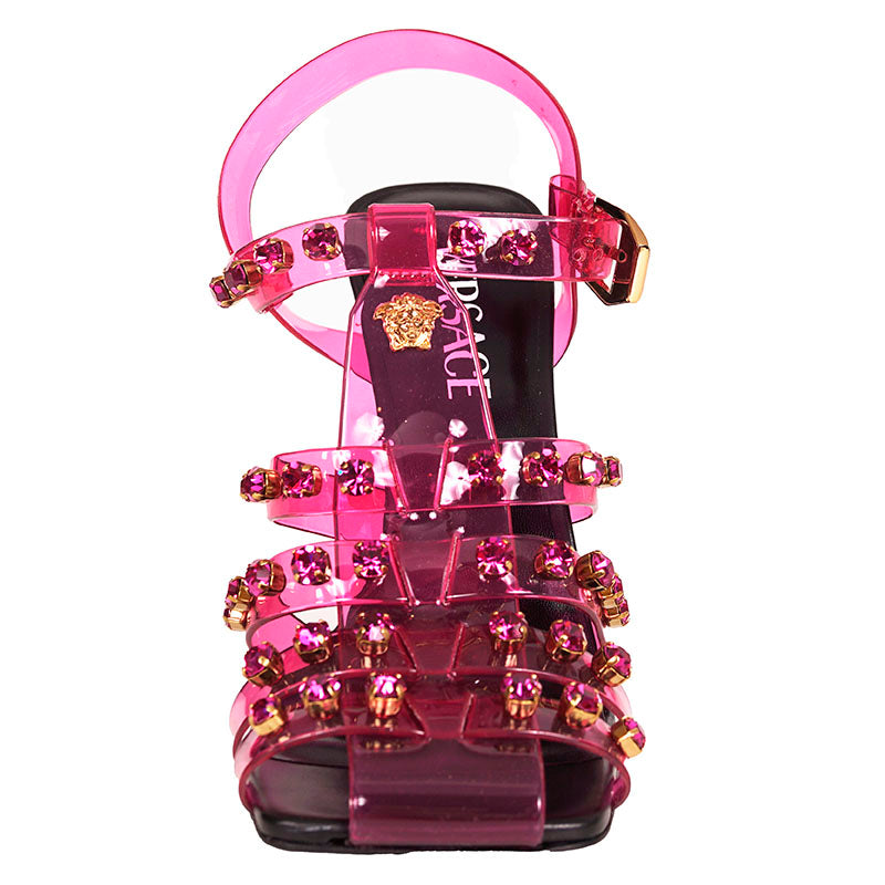 37 NEW $1,650 VERSACE RUNWAY Pink Jelly Gold MEDUSA Logo CAGE High Heel SANDALS