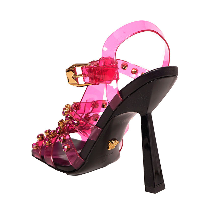 37 NEW $1,650 VERSACE RUNWAY Pink Jelly Gold MEDUSA Logo CAGE High Heel SANDALS