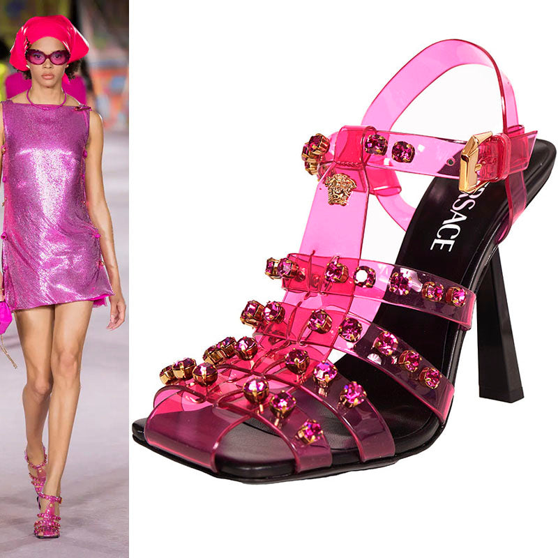 37 NEW $1,650 VERSACE RUNWAY Pink Jelly Gold MEDUSA Logo CAGE High Heel SANDALS