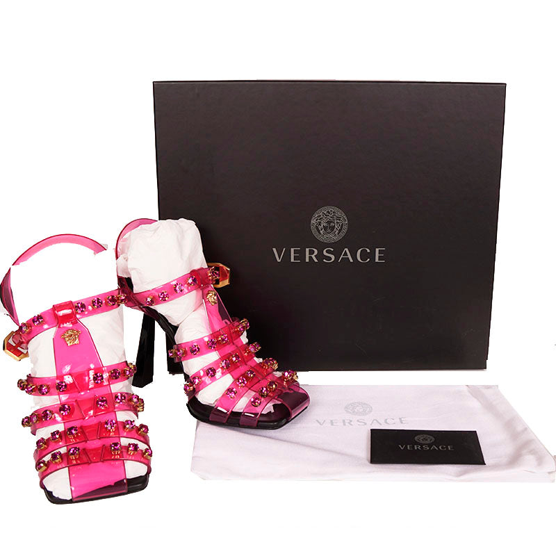 37 NEW $1,650 VERSACE RUNWAY Pink Jelly Gold MEDUSA Logo CAGE High Heel SANDALS