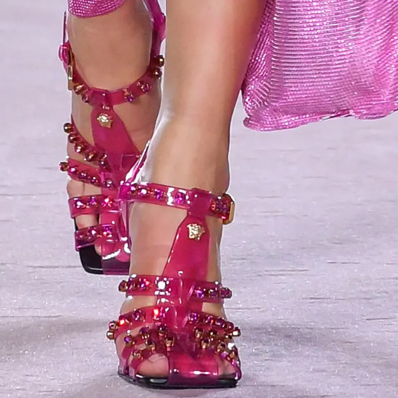 37 NEW $1,650 VERSACE RUNWAY Pink Jelly Gold MEDUSA Logo CAGE High Heel SANDALS