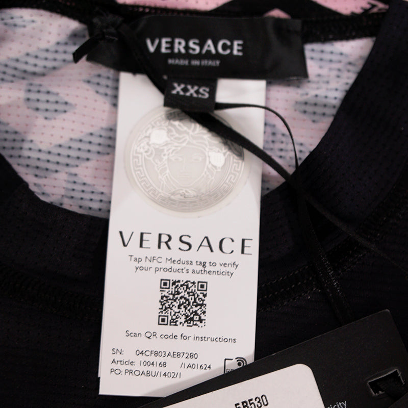 XXS/S NEW $395 VERSACE Black Jersey PINK LA GRECA Fitted Logo Tee SPORTY T-SHIRT TOP