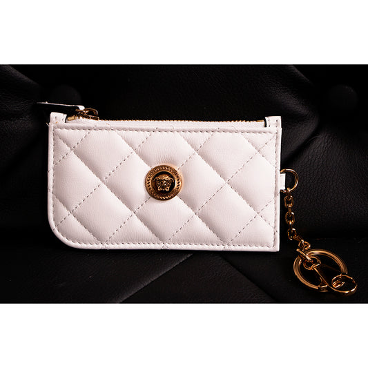 NEW $495 VERSACE White Quilted Leather MEDUSA LOGO Card CASE WALLET KEY CHAIN