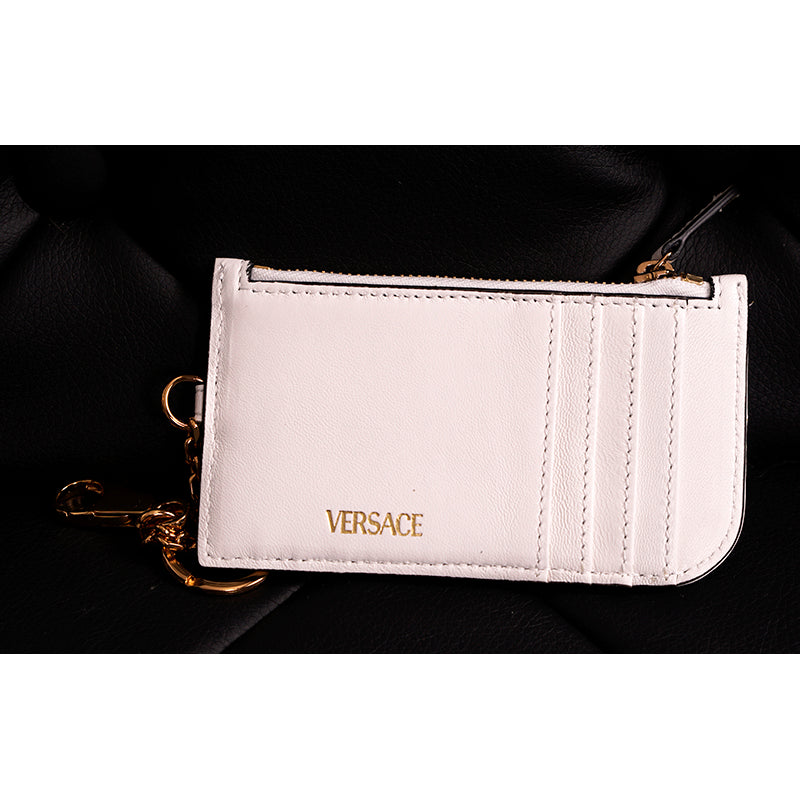 NEW $495 VERSACE White Quilted Leather MEDUSA LOGO Card CASE WALLET KEY CHAIN