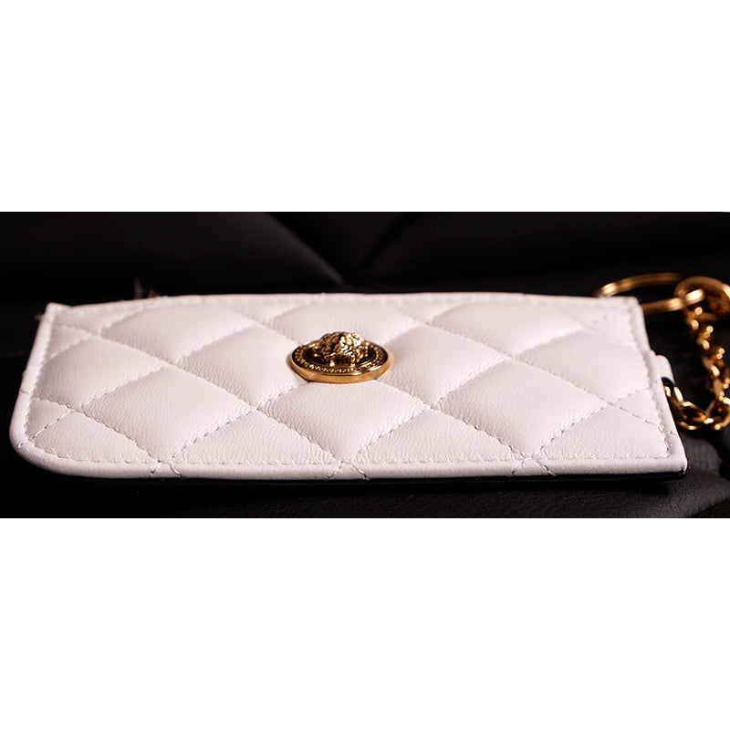 NEW $495 VERSACE White Quilted Leather MEDUSA LOGO Card CASE WALLET KEY CHAIN