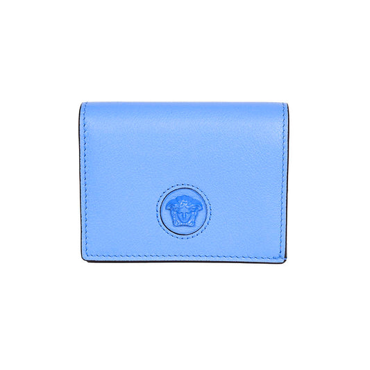 NEW $525 VERSACE Blue Leather LA MEDUSA LOGO Bifold Small COMPACT WALLET NIB