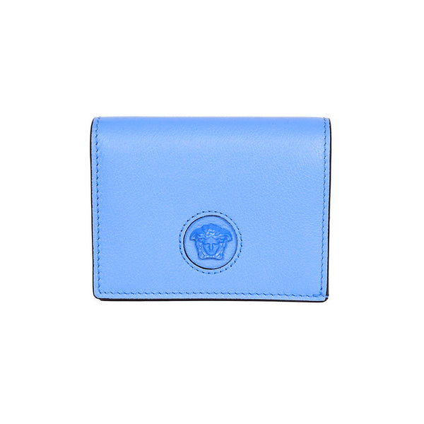 NEW $525 VERSACE Blue Leather LA MEDUSA LOGO Bifold Small COMPACT WALLET NIB