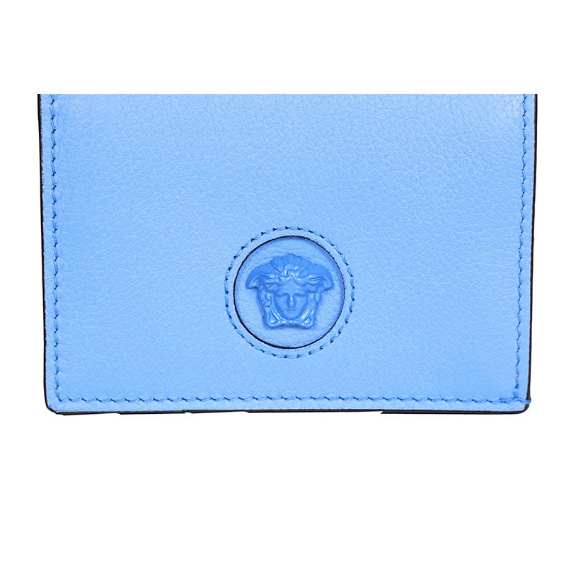 NEW $525 VERSACE Blue Leather LA MEDUSA LOGO Bifold Small COMPACT WALLET NIB