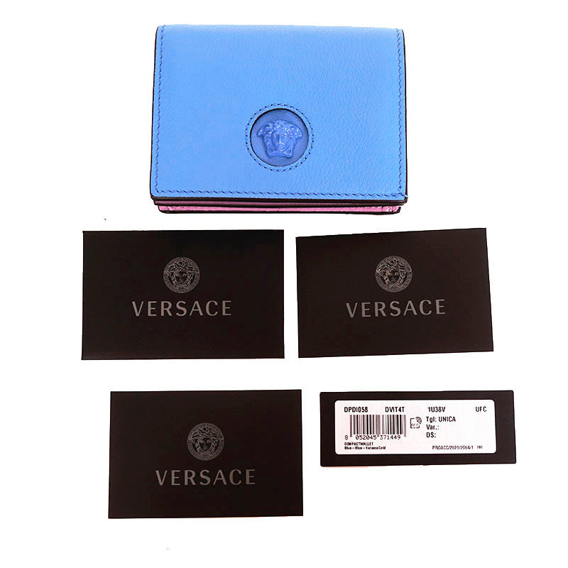 NEW $525 VERSACE Blue Leather LA MEDUSA LOGO Bifold Small COMPACT WALLET NIB