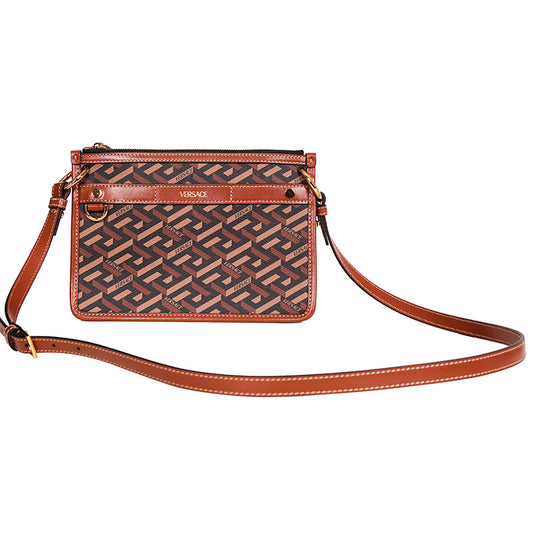 NEW $1,190 VERSACE RUNWAY Caramel LA GRECA Signature Small Pouch CROSSBODY BAG