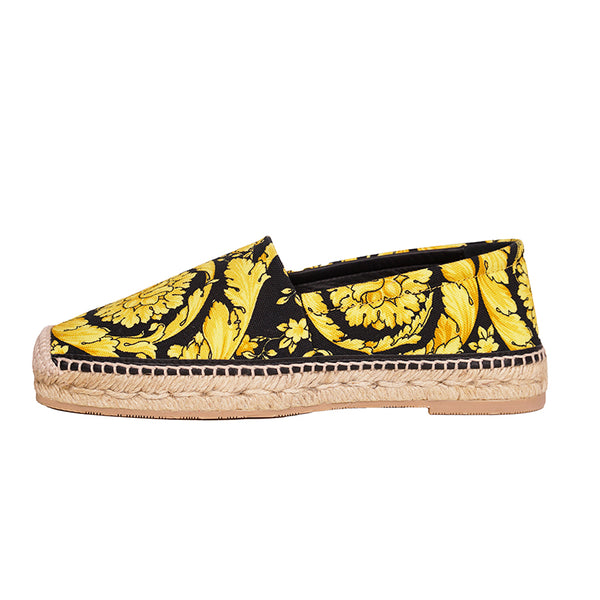 37/38/39 NEW $550 VERSACE Black Yellow CLASSIC ST BAROCCO LOGO Espadrille SUMMER FLATS