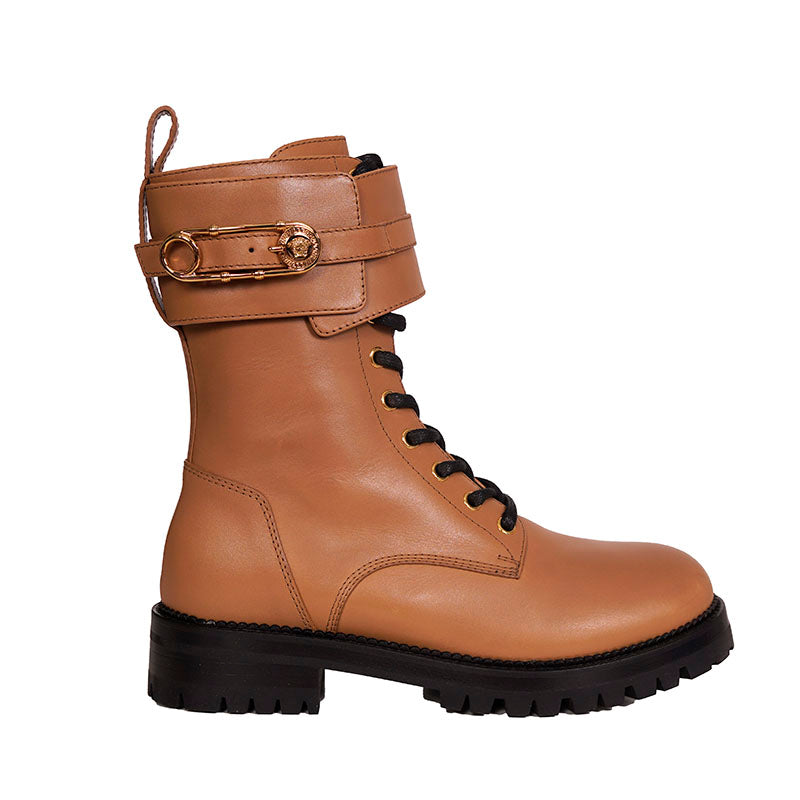 38 NEW $1195 VERSACE Camel Leather GOLD SAFETY PIN MEDUSA Lugged COMBATS BOOTS