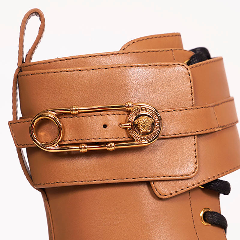 38 NEW $1195 VERSACE Camel Leather GOLD SAFETY PIN MEDUSA Lugged COMBATS BOOTS