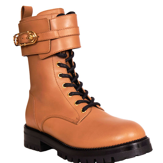 38 NEW $1195 VERSACE Camel Leather GOLD SAFETY PIN MEDUSA Lugged COMBATS BOOTS