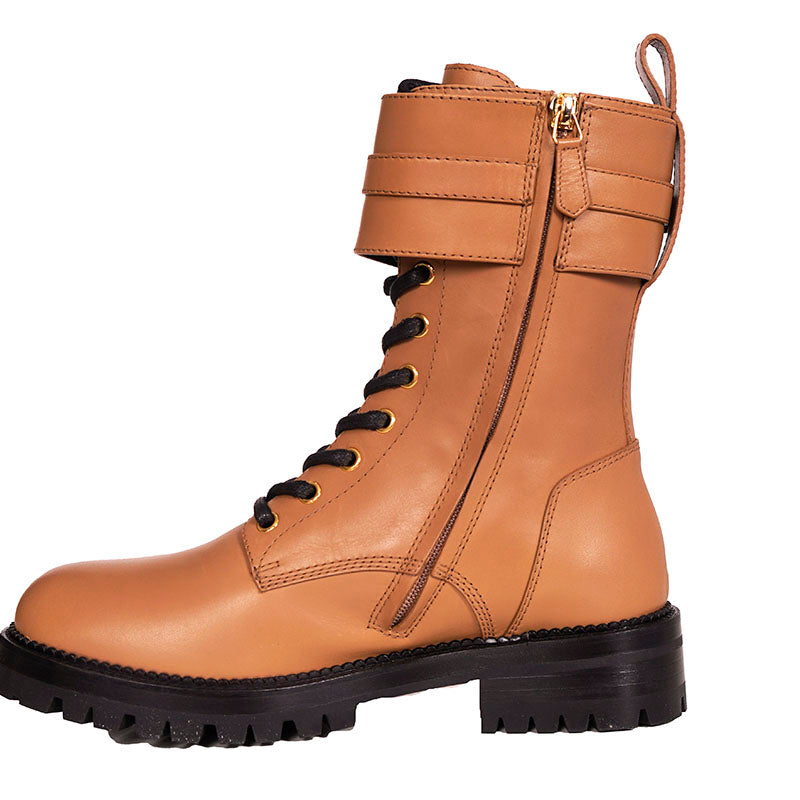 38 NEW $1195 VERSACE Camel Leather GOLD SAFETY PIN MEDUSA Lugged COMBATS BOOTS