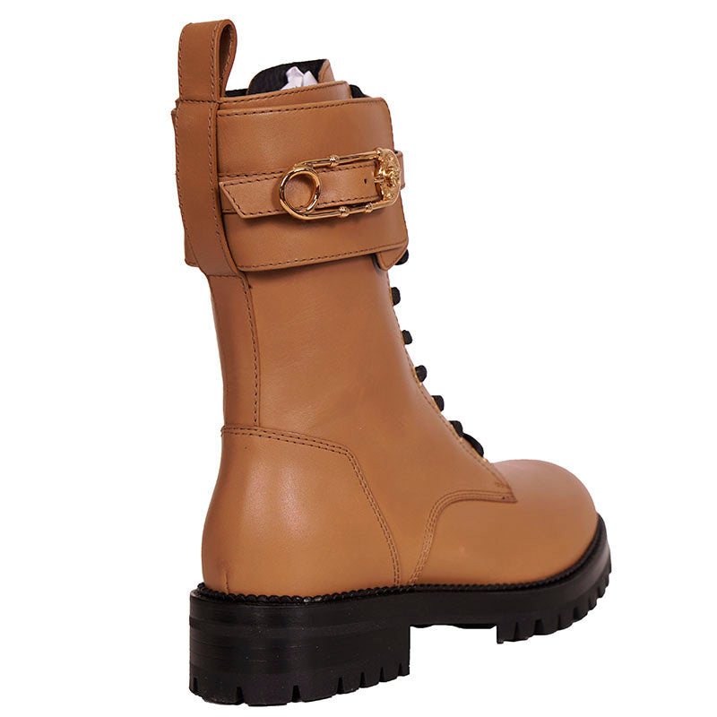 38 NEW $1195 VERSACE Camel Leather GOLD SAFETY PIN MEDUSA Lugged COMBATS BOOTS