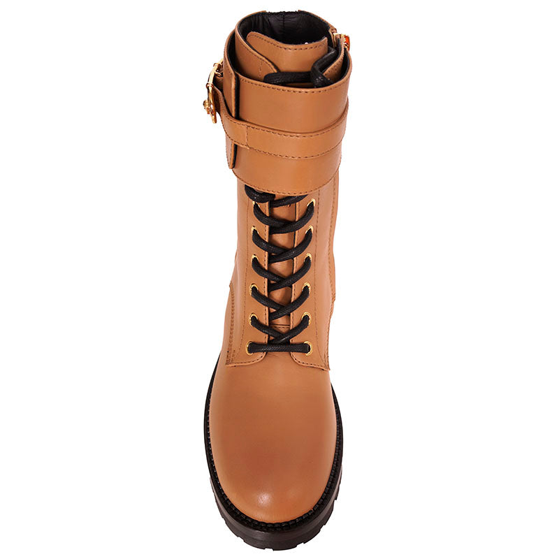 38 NEW $1195 VERSACE Camel Leather GOLD SAFETY PIN MEDUSA Lugged COMBATS BOOTS