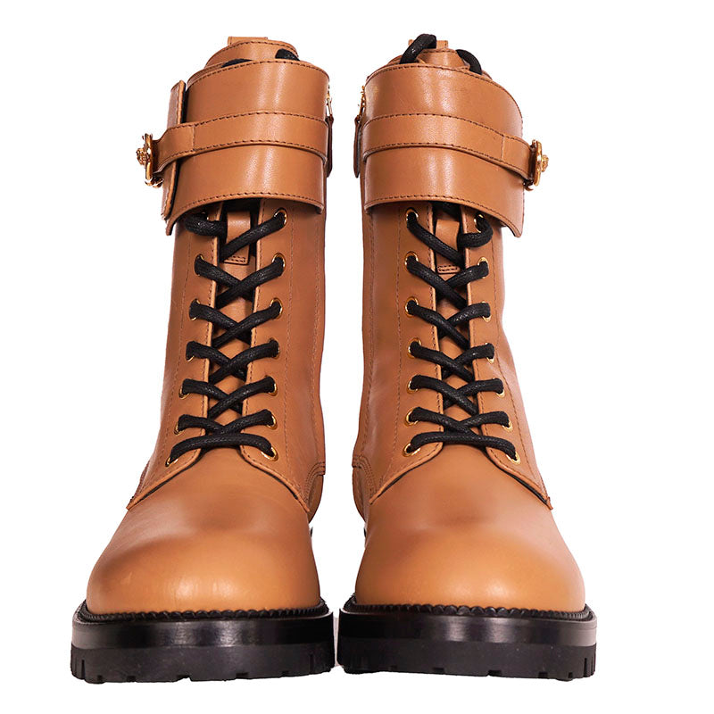 38 NEW $1195 VERSACE Camel Leather GOLD SAFETY PIN MEDUSA Lugged COMBATS BOOTS