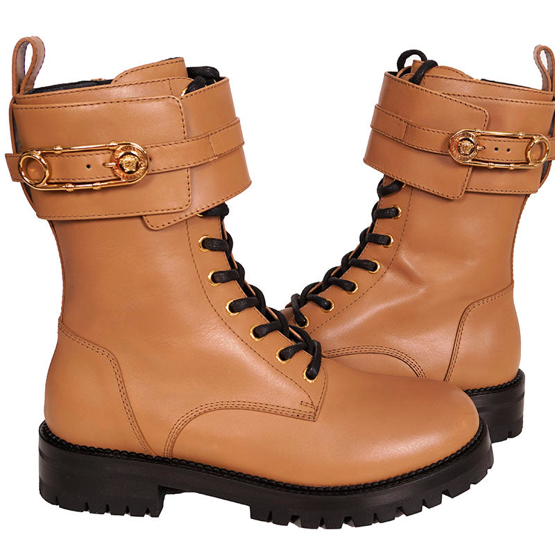 38 NEW $1195 VERSACE Camel Leather GOLD SAFETY PIN MEDUSA Lugged COMBATS BOOTS
