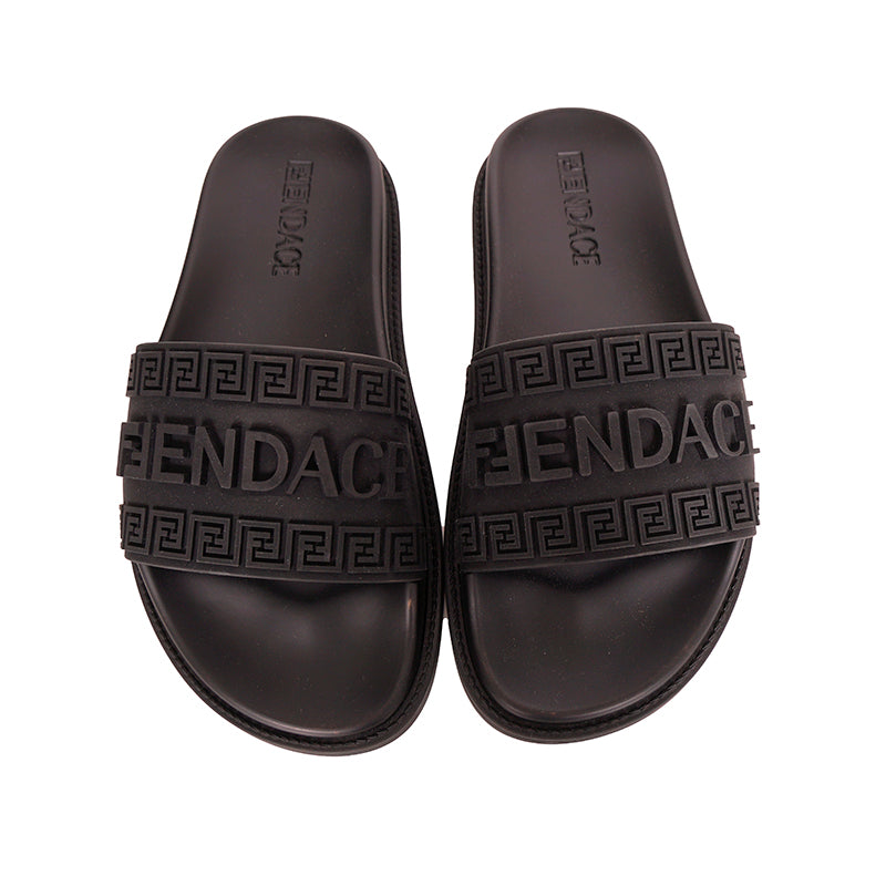 37 NEW $520 VERSACE X FENDI FENDACE Woman's Black Pool Slides LOGO SANDALS US 7
