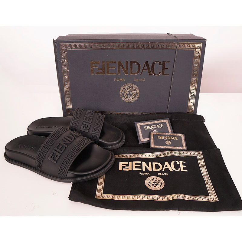 37 NEW $520 VERSACE X FENDI FENDACE Woman's Black Pool Slides LOGO SANDALS US 7