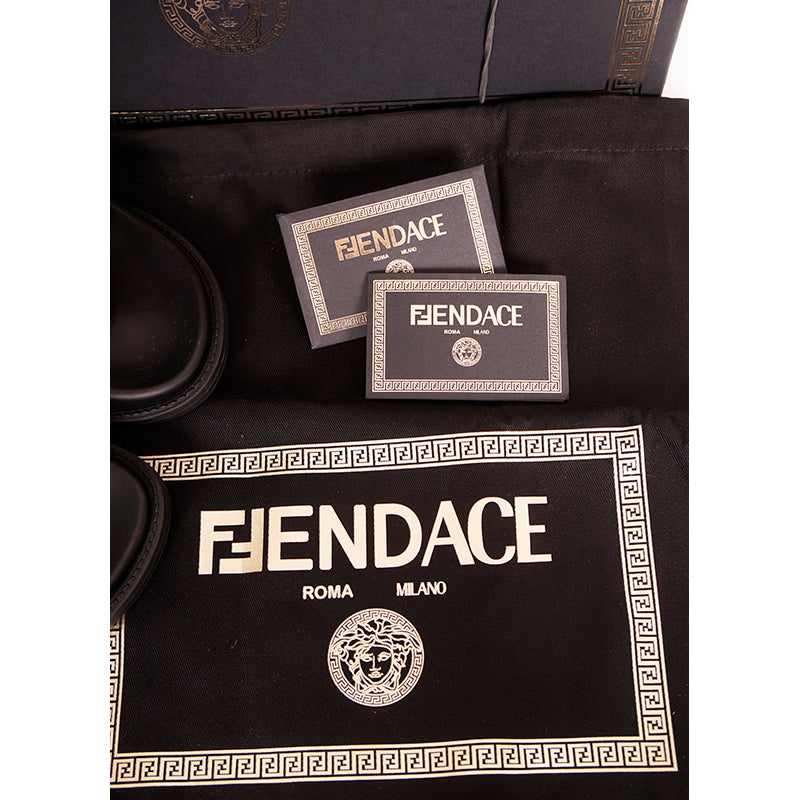 37 NEW $520 VERSACE X FENDI FENDACE Woman's Black Pool Slides LOGO SANDALS US 7
