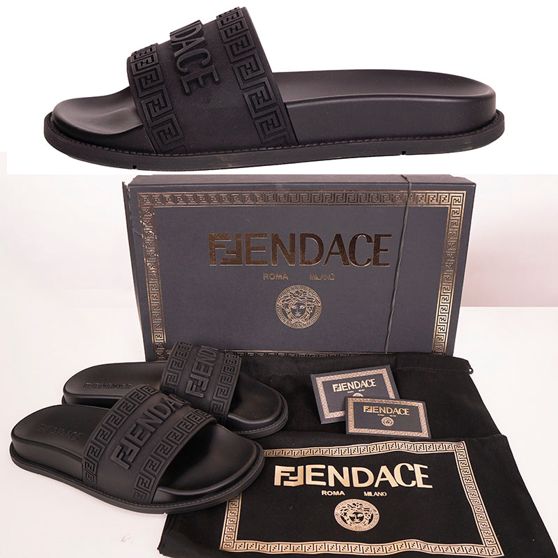 37 NEW $520 VERSACE X FENDI FENDACE Woman's Black Pool Slides LOGO SANDALS US 7