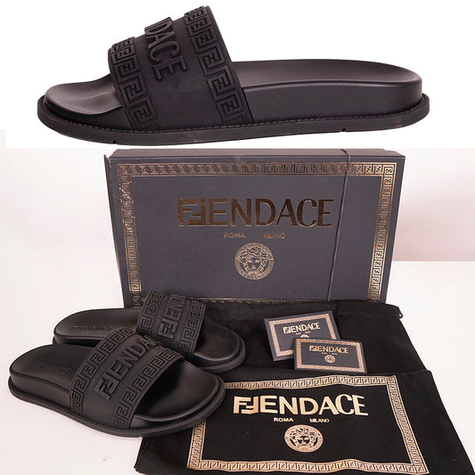 37 NEW $520 VERSACE X FENDI FENDACE Woman's Black Pool Slides LOGO SANDALS US 7