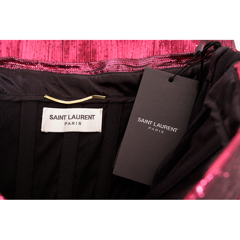 36 NEW $3290 SAINT LAURENT Fuchsia Pink LAME ONE SHOULDER MINI Cocktail DRESS XS