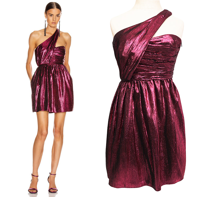 36 NEW $3290 SAINT LAURENT Fuchsia Pink LAME ONE SHOULDER MINI Cocktail DRESS XS