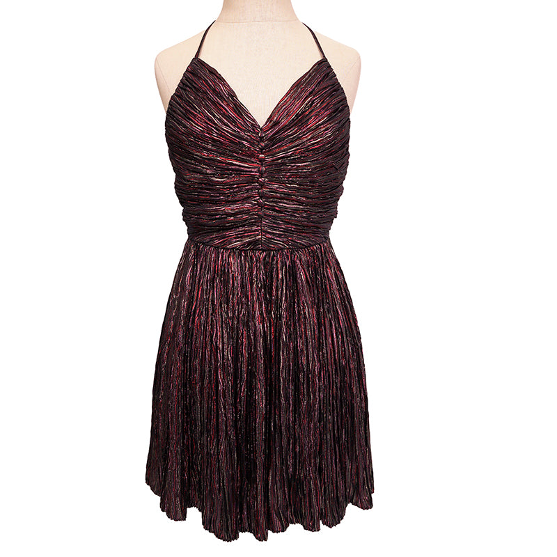 36 NEW $3590 SAINT LAURENT Flame Red LAME HALTER MINI Cocktail PLEATED DRESS XS