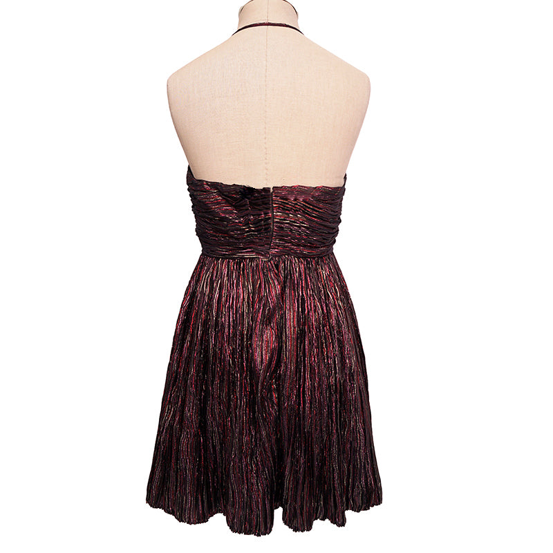 36 NEW $3590 SAINT LAURENT Flame Red LAME HALTER MINI Cocktail PLEATED DRESS XS