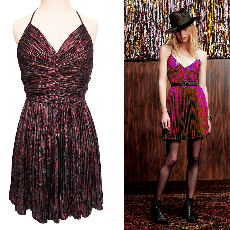 36 NEW $3590 SAINT LAURENT Flame Red LAME HALTER MINI Cocktail PLEATED DRESS XS