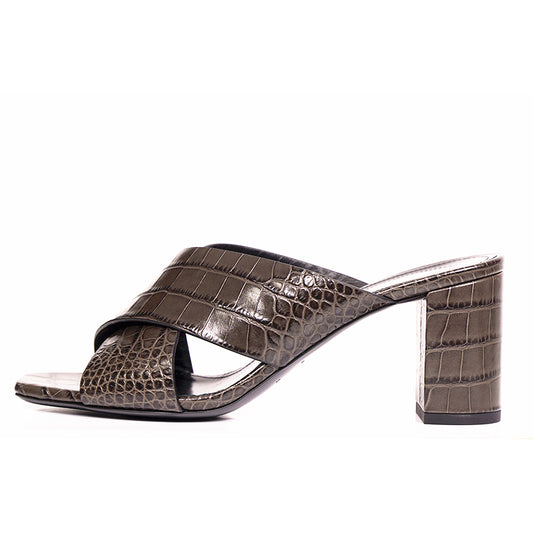 37 NEW $795 SAINT LAURENT Grey Lou Lou 70 Mules CROC EMBOSSED Leather SANDALS