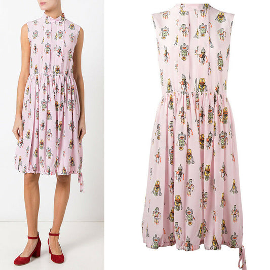 sz 40 NEW $1890 PRADA Pink ROBOT PRINT Drawstring Hem Sleeveless Resort DRESS